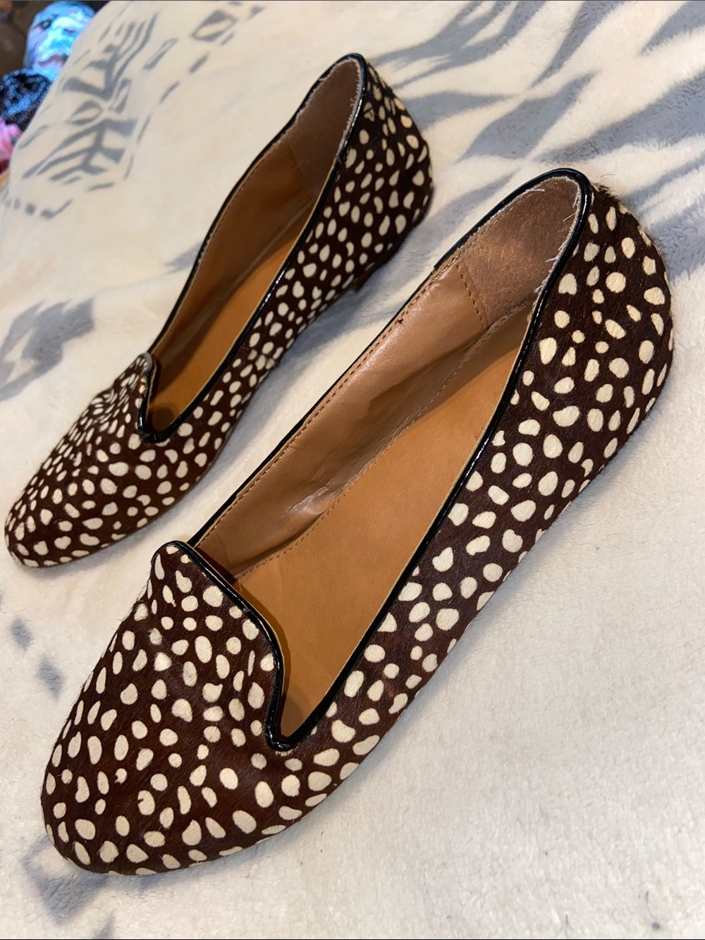 CORA CALF HAIR FLATS Smoking Slipper Deer Fawn Animal Print J CREW LEATHER - Picture 4 of 7